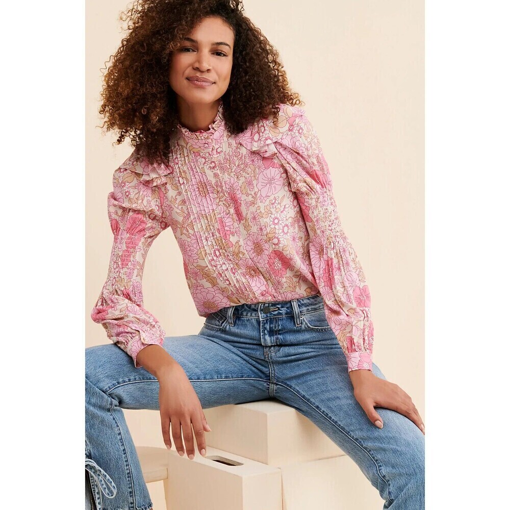 Selkie Tuxedo Wallflower Blouse Sz L Pink Floral Coquette Designer Button Front